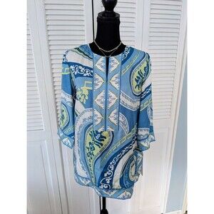 Coldwater Creek Top Women's PM 100% Silk Paisely Blue Tunic V Neck Zipper Resort